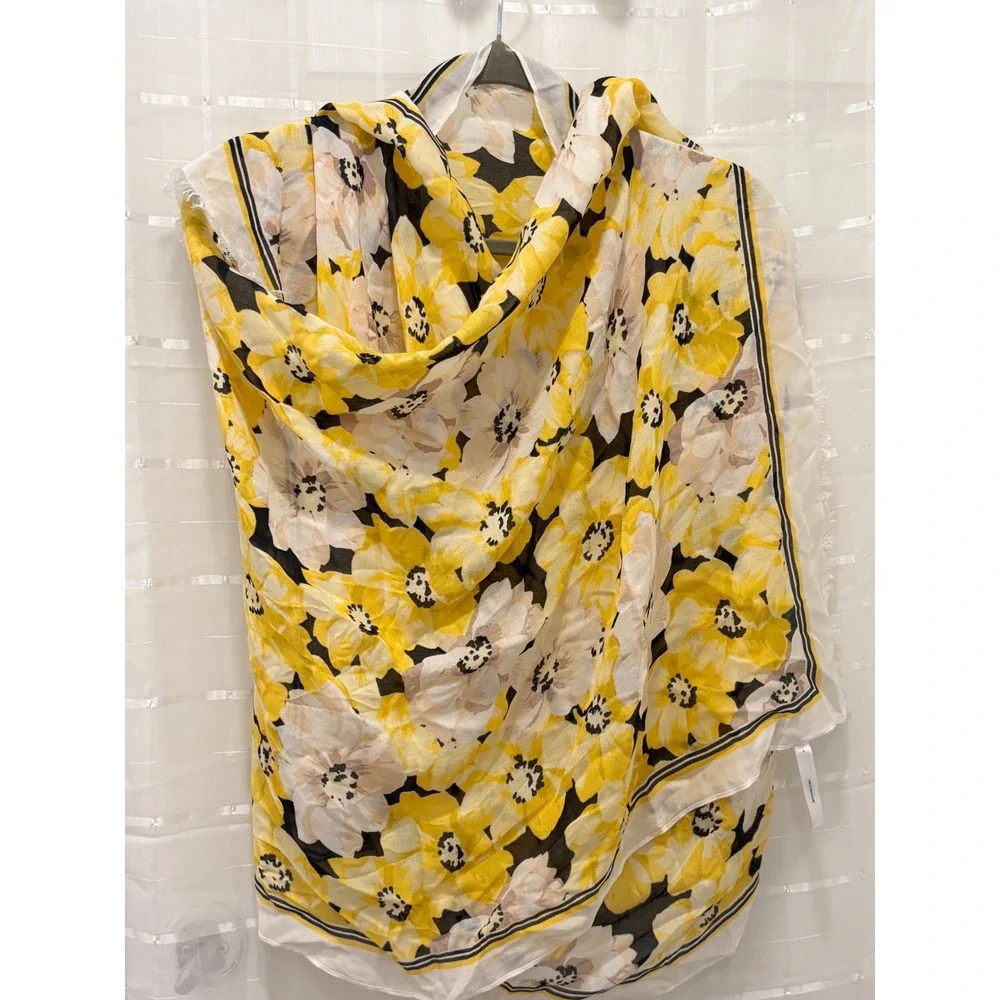 Talbots Yellow Floral Modal Silk Blend Oversized Wrap Scarf Eyelash Fringe